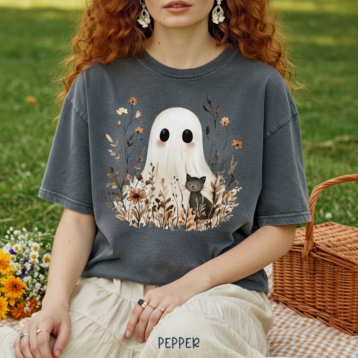 Boho Ghost with Black Cat T-Shirt