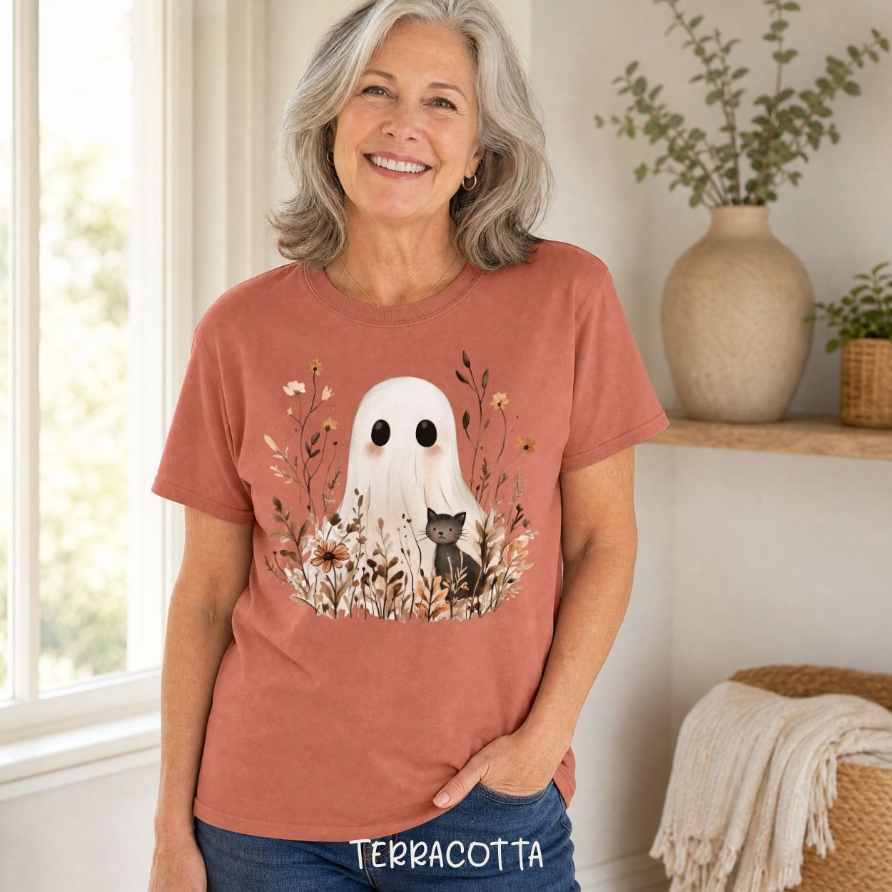 Boho Ghost with Black Cat T-Shirt