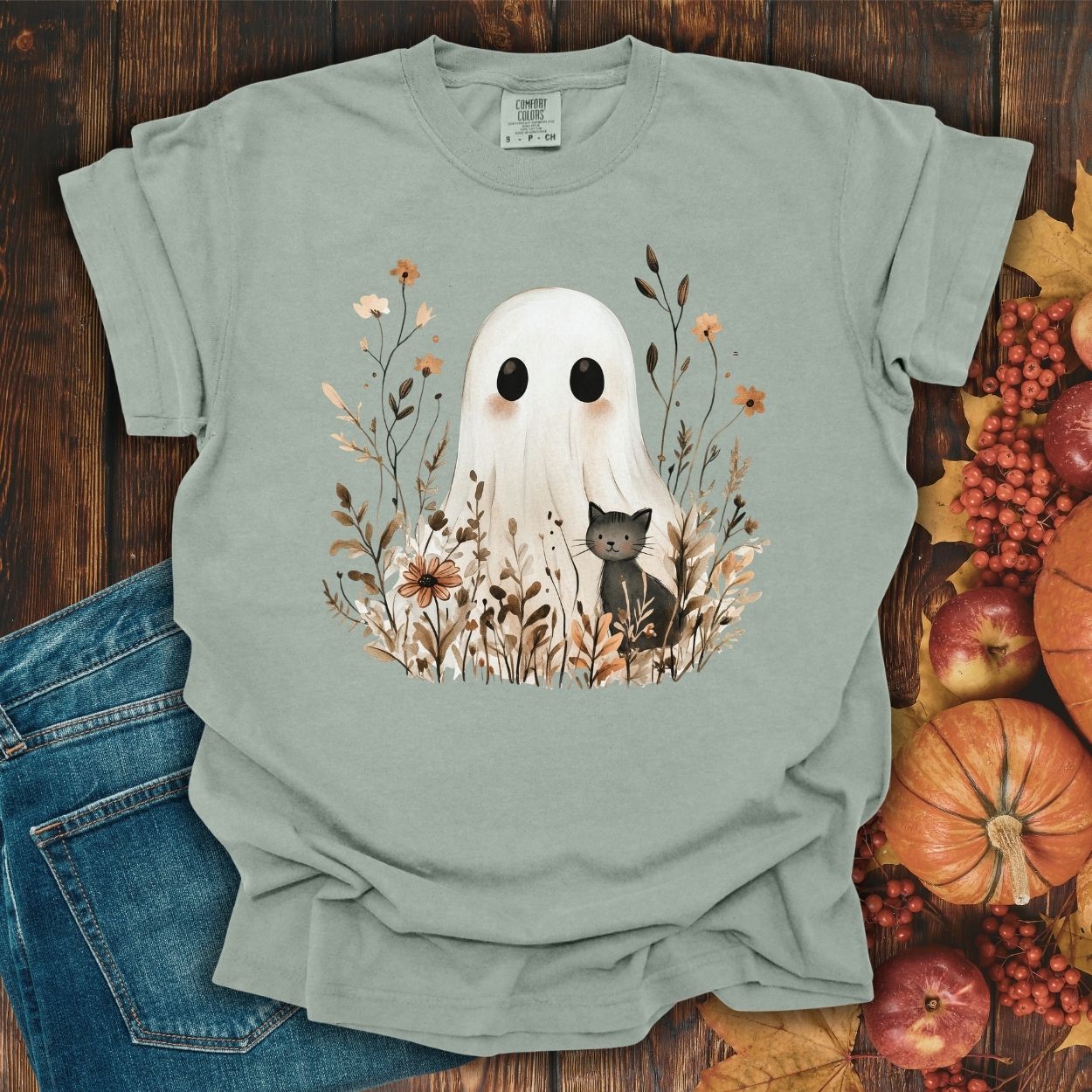 Boho Ghost with Black Cat T-Shirt