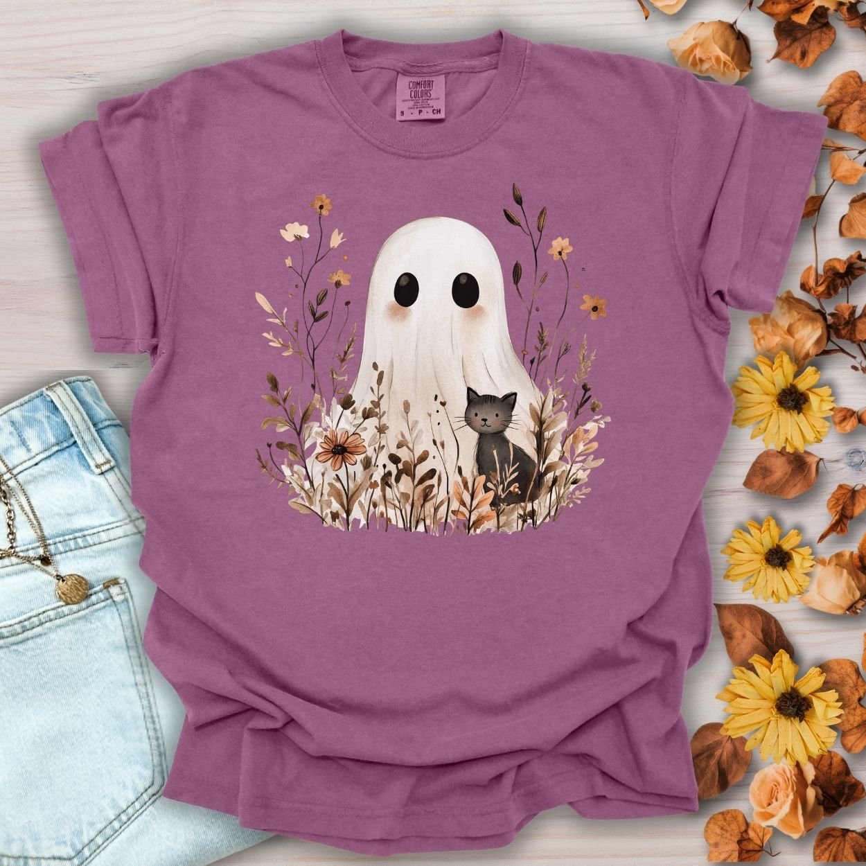 Boho Ghost with Black Cat T-Shirt