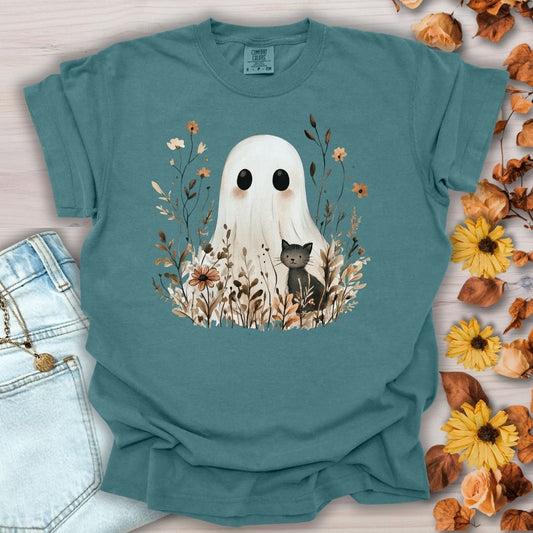 Boho Ghost with Black Cat T-Shirt