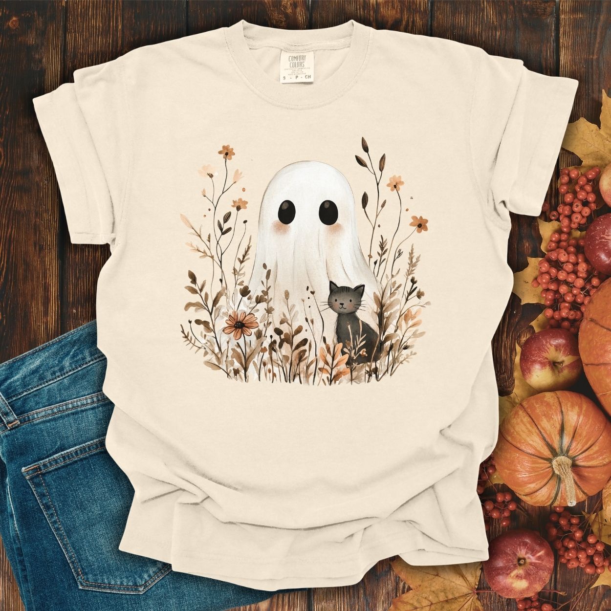Boho Ghost with Black Cat T-Shirt