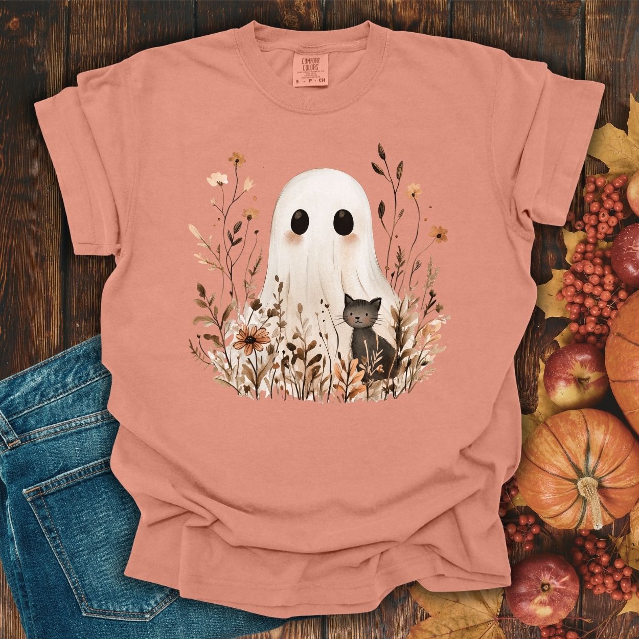 Boho Ghost with Black Cat T-Shirt