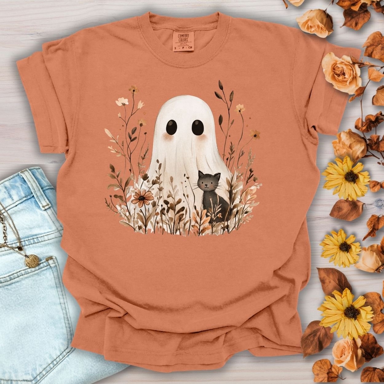 Boho Ghost with Black Cat T-Shirt