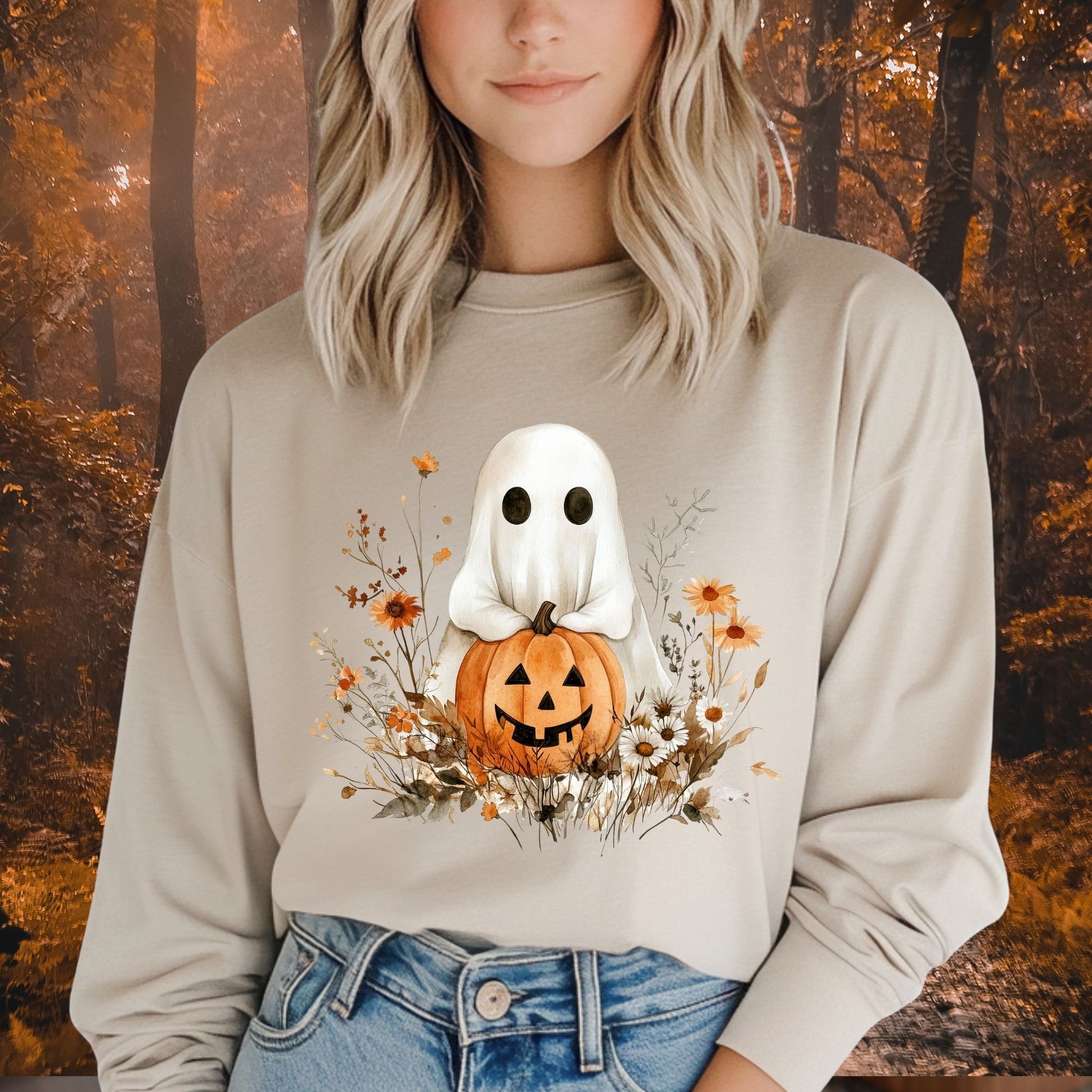 Boho Ghost with Pumpkin Long Sleeve Tee