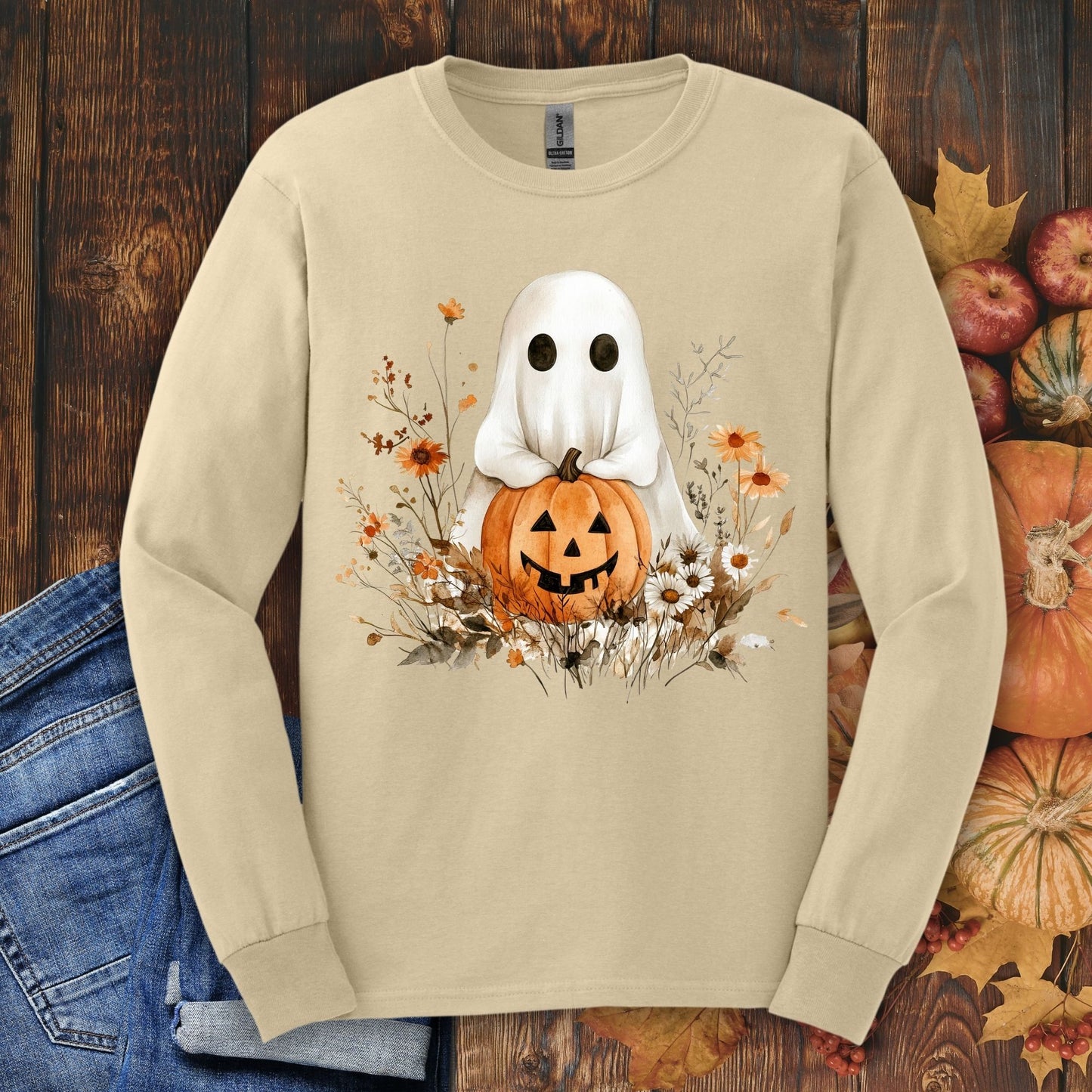 Boho Ghost with Pumpkin Long Sleeve Tee