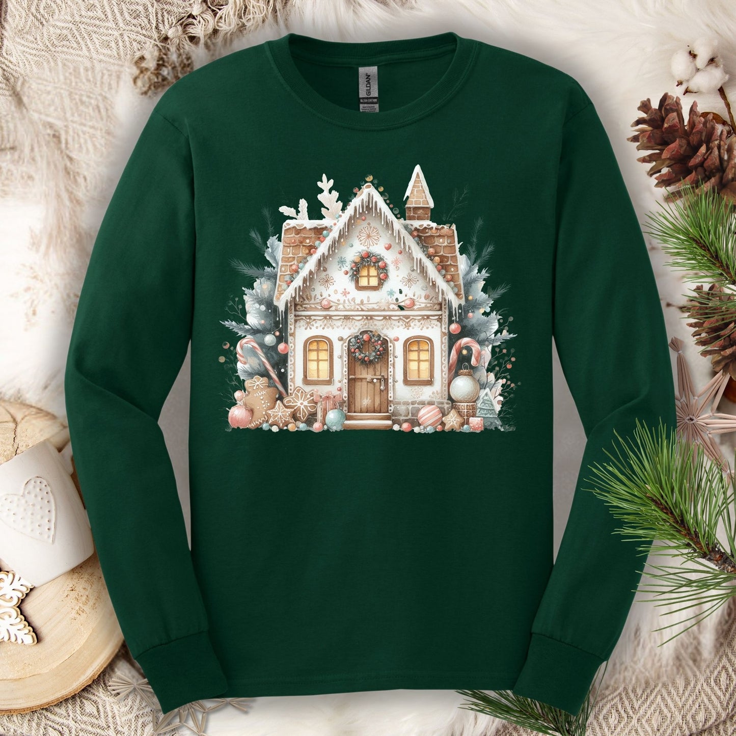 Forest Green Gildan Softstyle long sleeve tee with a watercolor boho gingerbread house design.