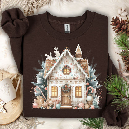Dark Chocolate Gildan crewneck sweatshirt with a watercolor boho gingerbread house design.