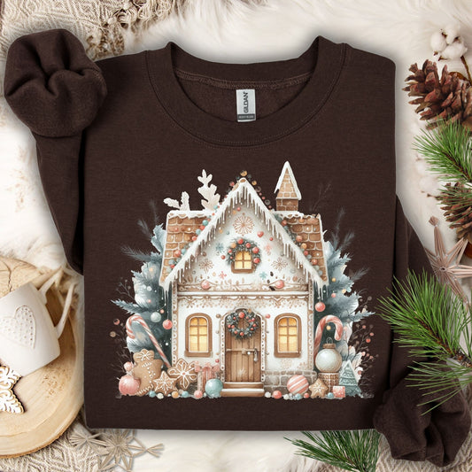Dark Chocolate Gildan crewneck sweatshirt with a watercolor boho gingerbread house design.