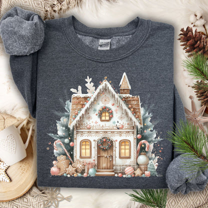Dark Heather Gildan crewneck sweatshirt with a watercolor boho gingerbread house design.