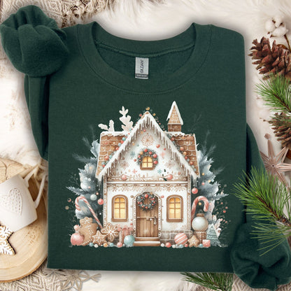 Forest Green Gildan sweatshirt with a watercolor boho gingerbread house design, surrounded by festive decor.