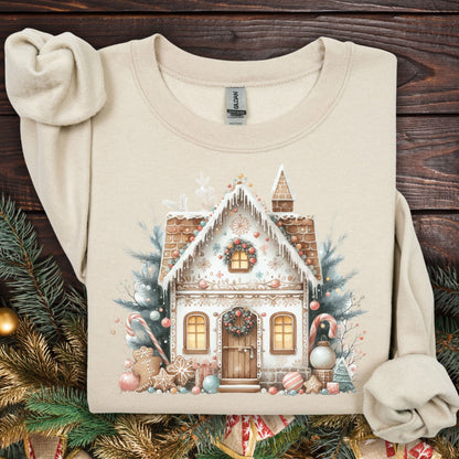 Sand Gildan crewneck sweatshirt with a watercolor boho gingerbread house design.