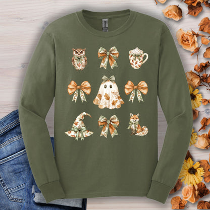 Military green long-sleeve cotton tee with boho Halloween ghost, fox, owl, witch hat, and bows.