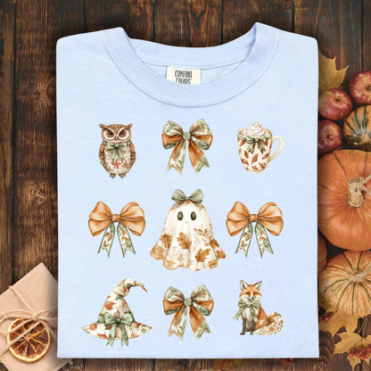 Hydrangea S cotton t-shirt with boho Halloween owl, ghost, fox, witch hat, latte, and fall bows.
