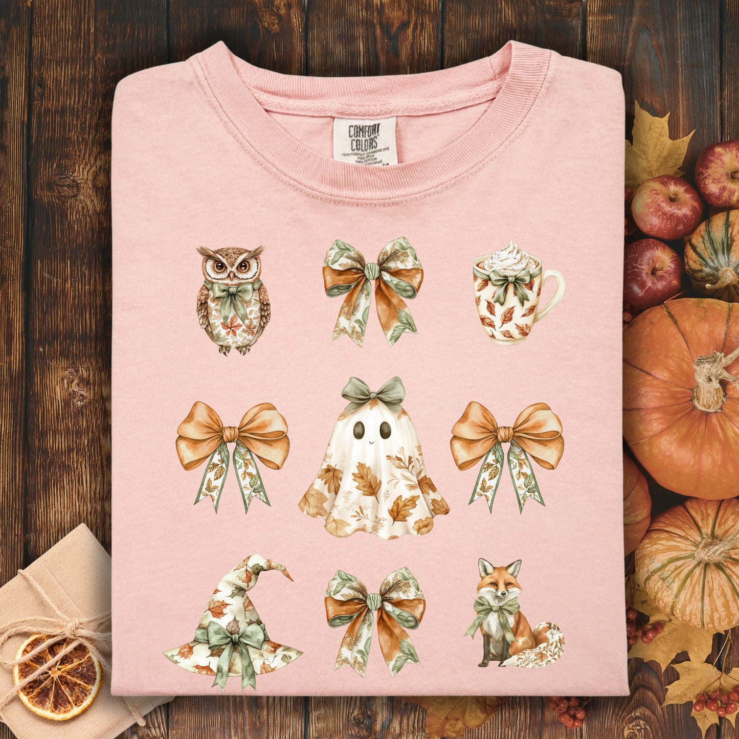 Peachy Comfort Colors heavyweight cotton t-shirt with boho Halloween owl, ghost, fox, witch hat, latte, and bows.
