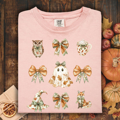 Peachy Comfort Colors heavyweight cotton t-shirt with boho Halloween owl, ghost, fox, witch hat, latte, and bows.