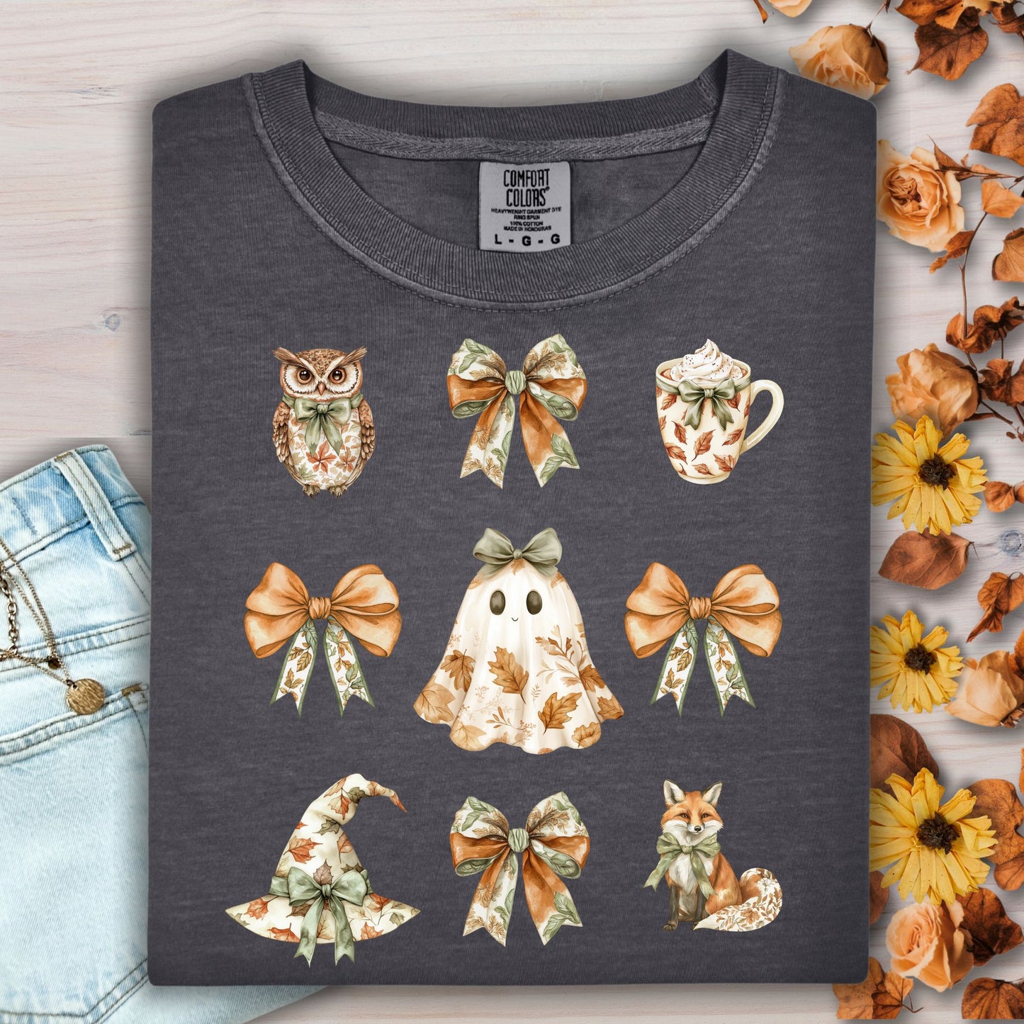 Pepper Comfort Colors t-shirt with boho Halloween art: owl, bows, latte, ghost, witch hat, fox.