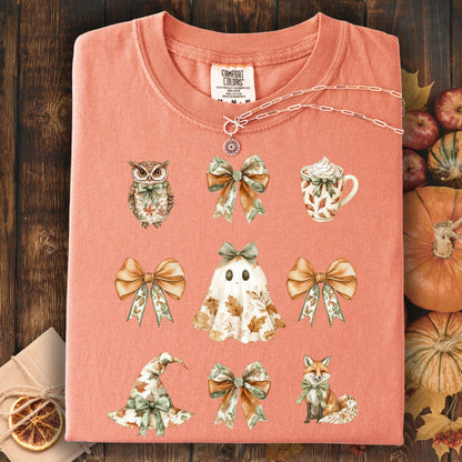 Terracotta heavyweight cotton t-shirt with boho Halloween favorites: owl, ghost, witch hat, fox, latte, and bows.