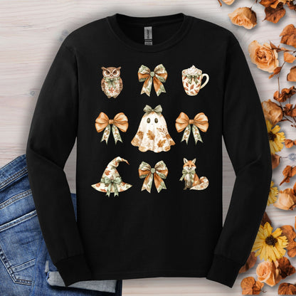Black long-sleeve cotton tee with a boho Halloween design featuring a ghost, fox, owl, witch hat, and bows.