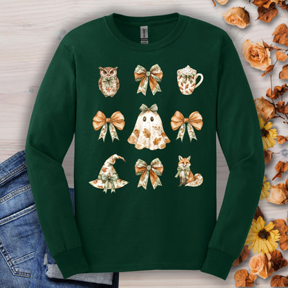 Forest green long sleeve tee with a boho Halloween ghost, witch hat, fox, owl, bows, and mug design.