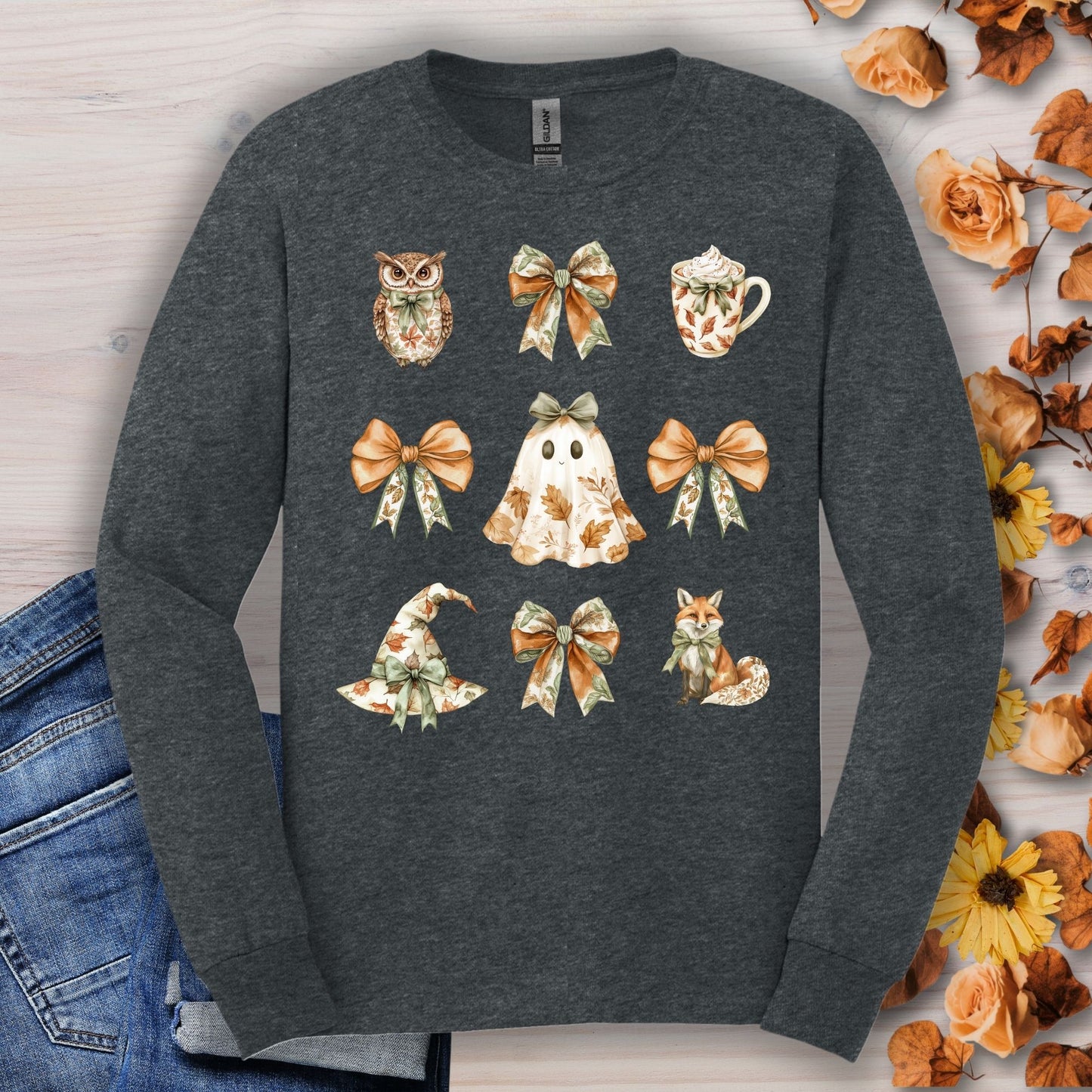 Dark Heather long sleeve cotton tee with a boho Halloween ghost, witch hat, fox, owl, mug, and bows.