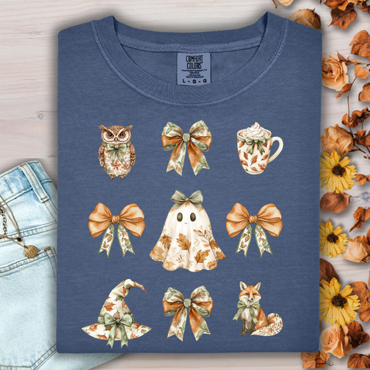 Denim blue cotton t-shirt with boho Halloween art: owl, bows, latte, ghost, witch hat, fox.