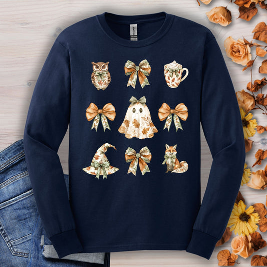 Navy long sleeve cotton tee with boho Halloween ghost, witch hat, fox, owl, bows, and mug designs.