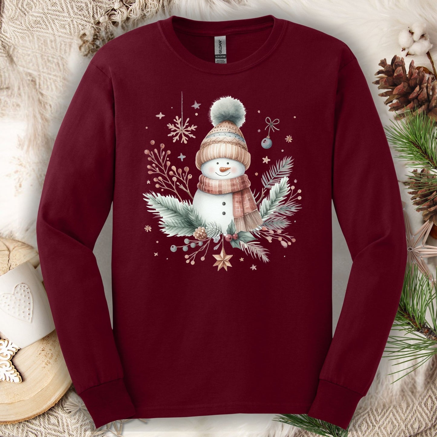 Boho Nordic Snowman Floral Long Sleeve Tee