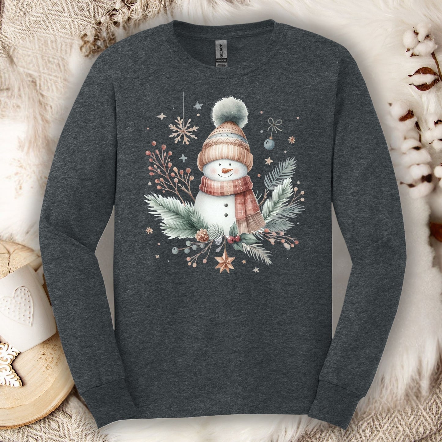 Boho Nordic Snowman Floral Long Sleeve Tee