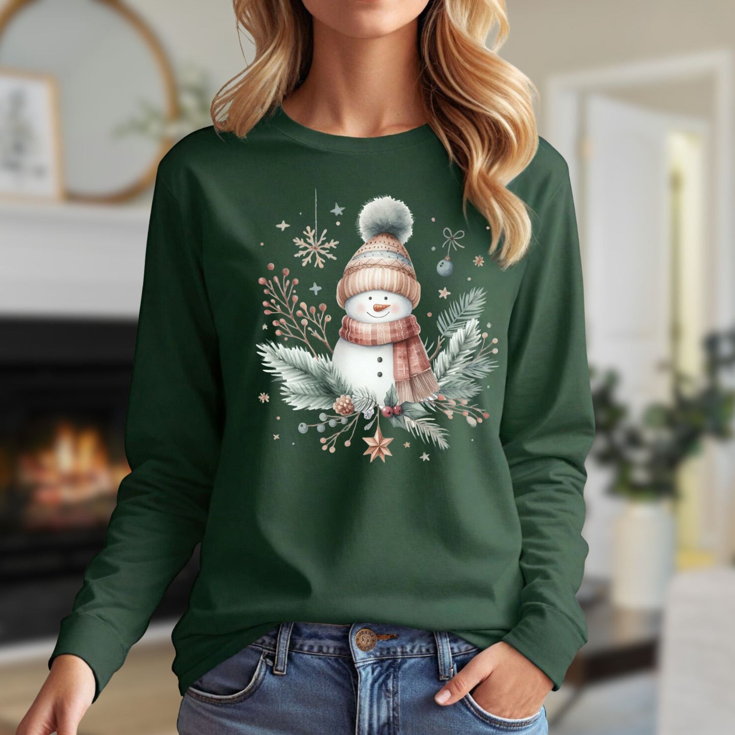 Boho Nordic Snowman Floral Long Sleeve Tee