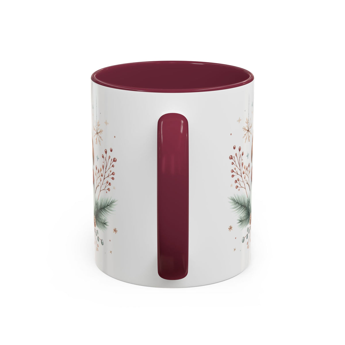 Boho Nordic Snowman ceramic mug with a maroon interior and handle, featuring pine sprigs and berries.
