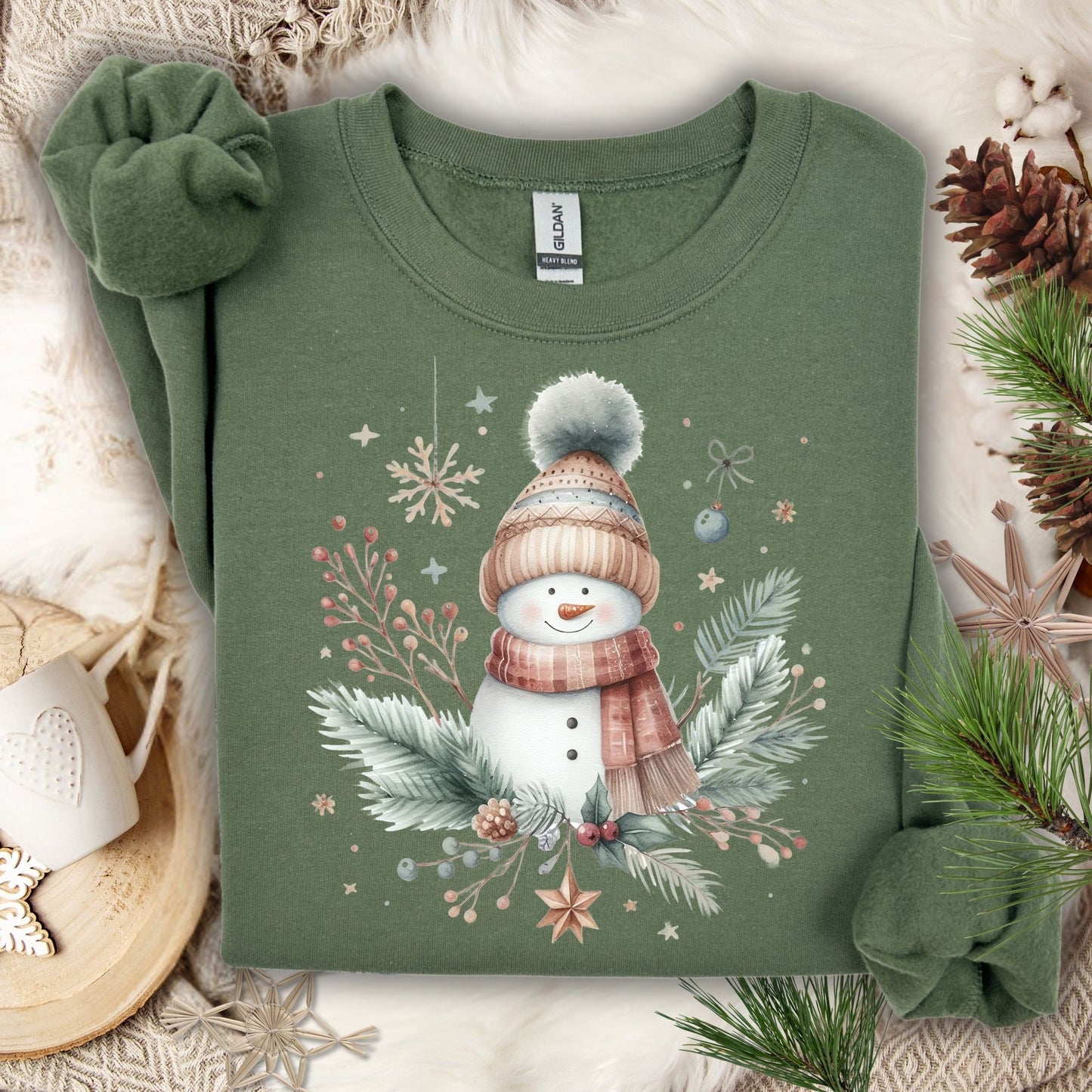 Military Green Boho Nordic Snowman Sweatshirt, S, with watercolor snowman, pine, and berries.