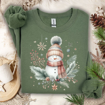 Military Green Boho Nordic Snowman Sweatshirt, S, with watercolor snowman, pine, and berries.