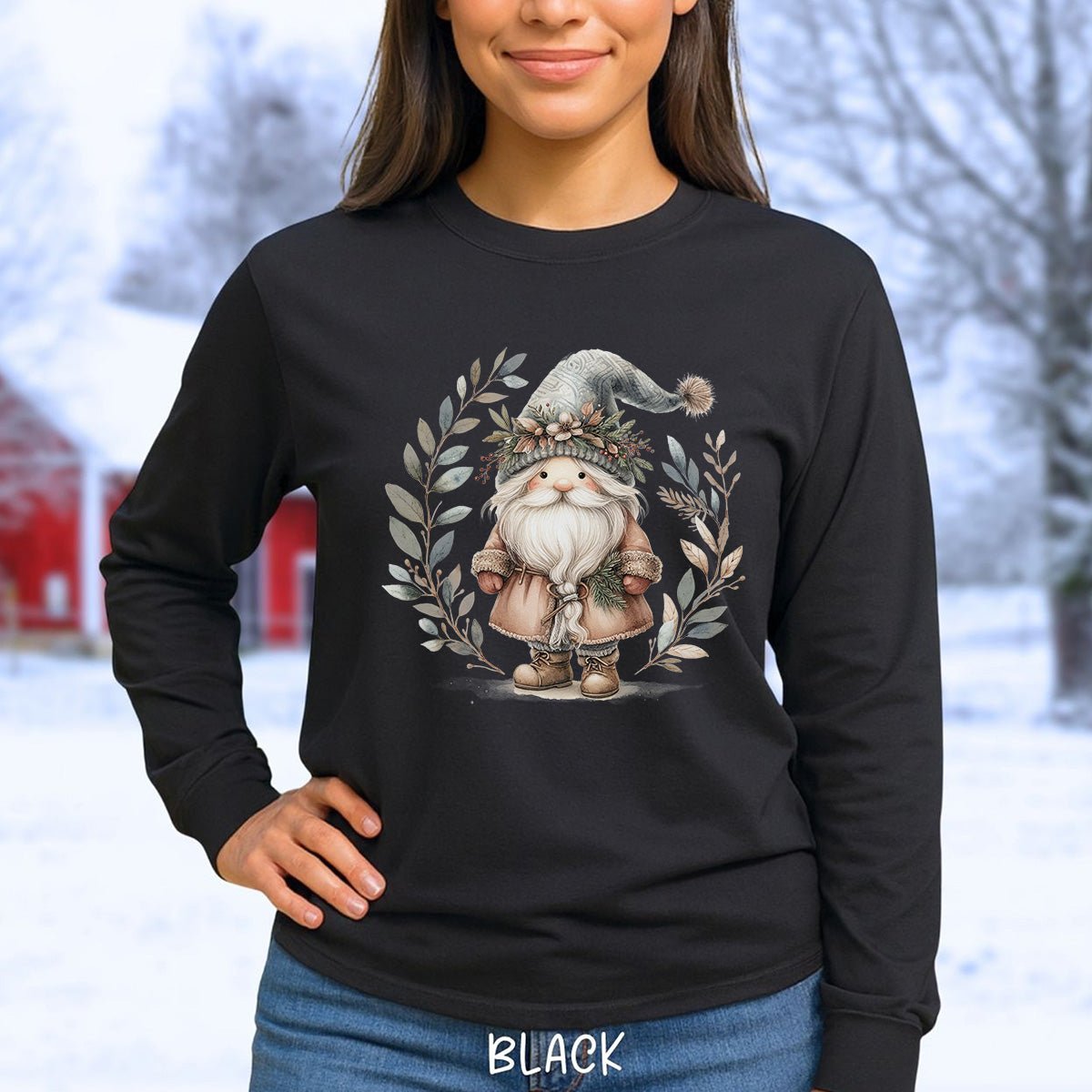 Boho Nordic St. Nick Gnome Long Sleeve Tee