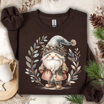 Dark chocolate Gildan sweatshirt with a boho Nordic Santa and watercolor winter foliage design.