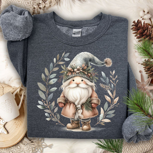 Dark Heather Gildan sweatshirt with a boho Nordic St. Nick and watercolor winter foliage design.