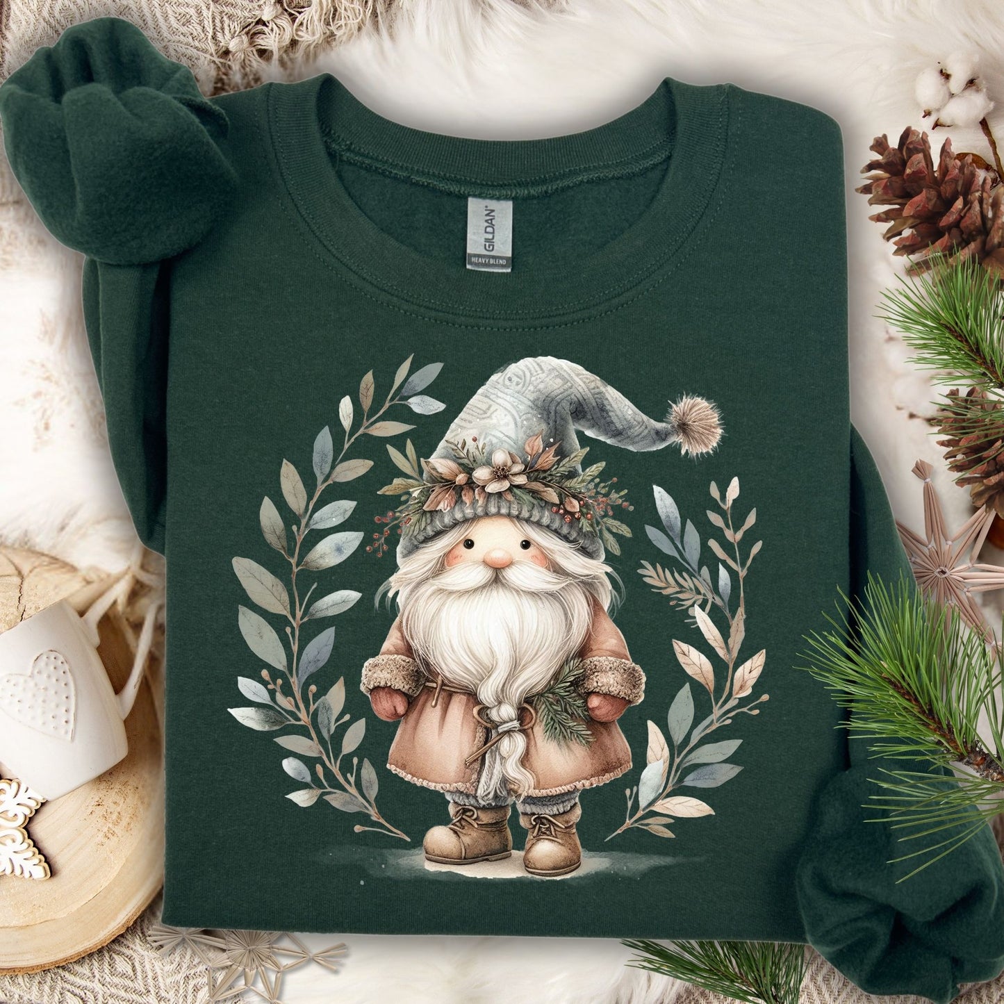 Forest Green crewneck sweatshirt with a watercolor Boho Nordic St. Nick gnome and winter foliage design.