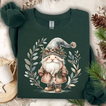 Forest Green crewneck sweatshirt with a watercolor Boho Nordic St. Nick gnome and winter foliage design.