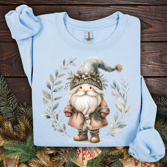 Light blue Gildan sweatshirt with a boho Nordic St. Nick and watercolor winter foliage design.