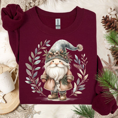 Maroon Gildan sweatshirt with a boho Nordic St. Nick and watercolor winter foliage design.