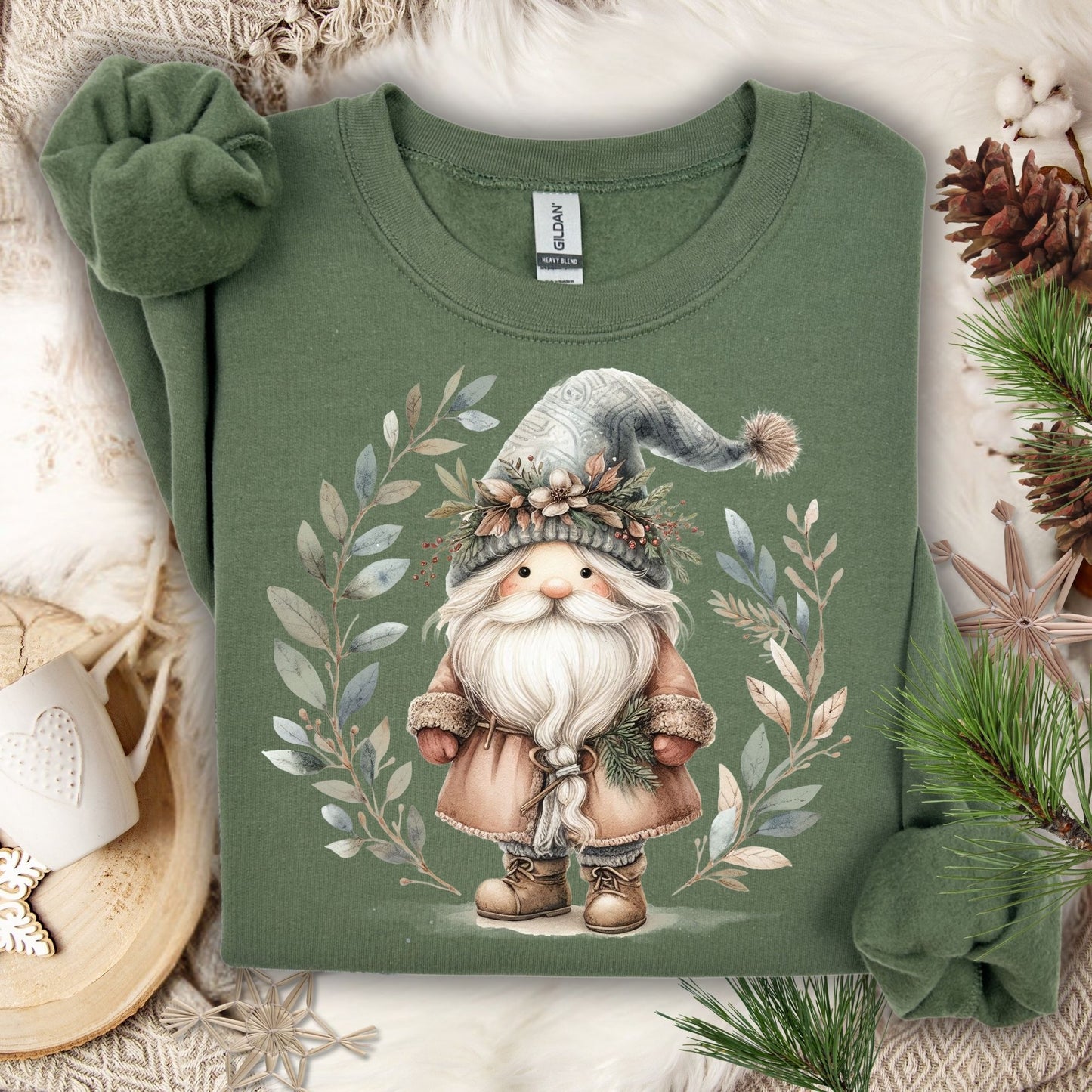 Military Green Gildan sweatshirt with a boho Nordic Santa and watercolor winter foliage design.