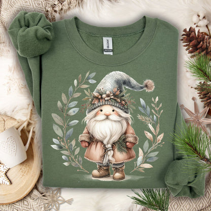 Military Green Gildan sweatshirt with a boho Nordic Santa and watercolor winter foliage design.