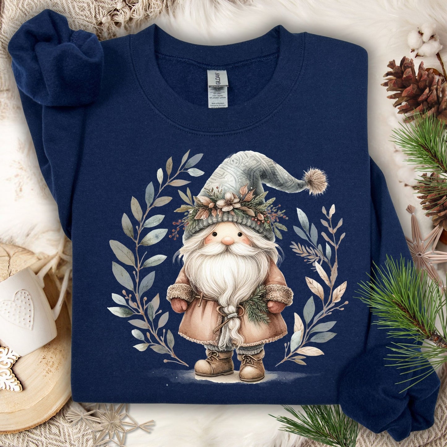 Navy S Boho Nordic St. Nick sweatshirt with watercolor Santa and winter foliage design.