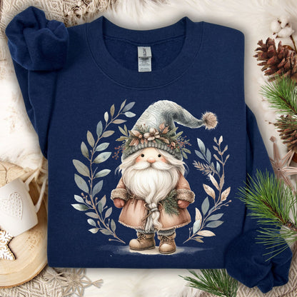 Navy S Boho Nordic St. Nick sweatshirt with watercolor Santa and winter foliage design.