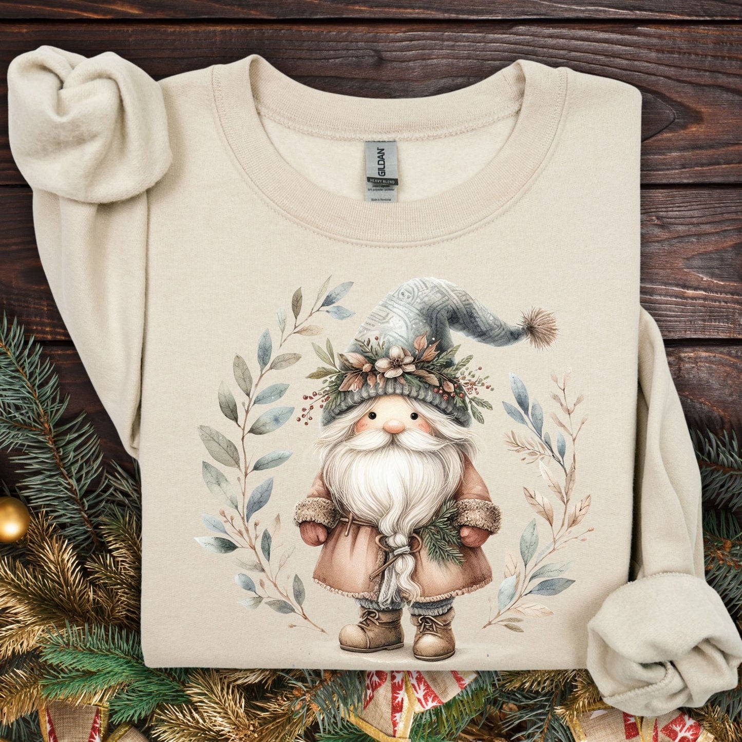 Sand unisex sweatshirt with a watercolor boho Nordic St. Nick and winter foliage design.