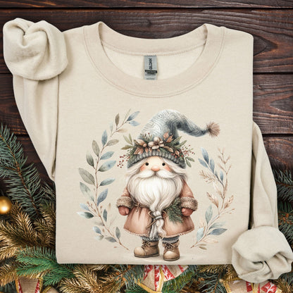 Sand unisex sweatshirt with a watercolor boho Nordic St. Nick and winter foliage design.