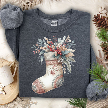 Dark Heather S sweatshirt with a watercolor boho stocking filled with evergreen, berries, and foliage.