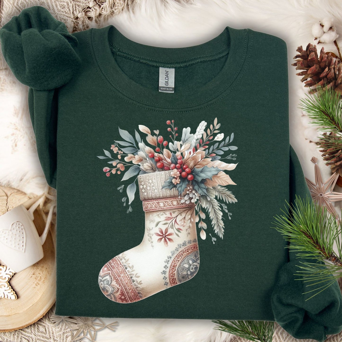 Forest Green Gildan crewneck sweatshirt with a watercolor boho Christmas stocking design.