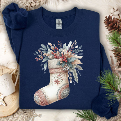 Navy Gildan sweatshirt with a watercolor boho stocking design overflowing with greenery and berries.
