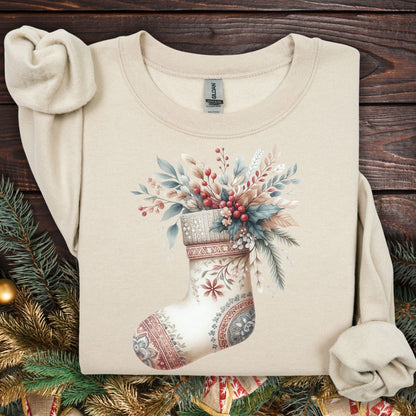 Sand S crewneck sweatshirt with a watercolor boho stocking filled with greenery and berries.